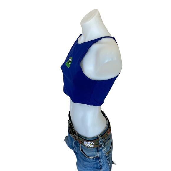 Superdown Crop Top Blue SMALL Upcycled Embroidered Om Nom Bodycon Unique Cami - Picture 3 of 5